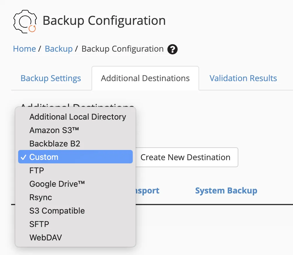 cPanel Backup externer Speicher