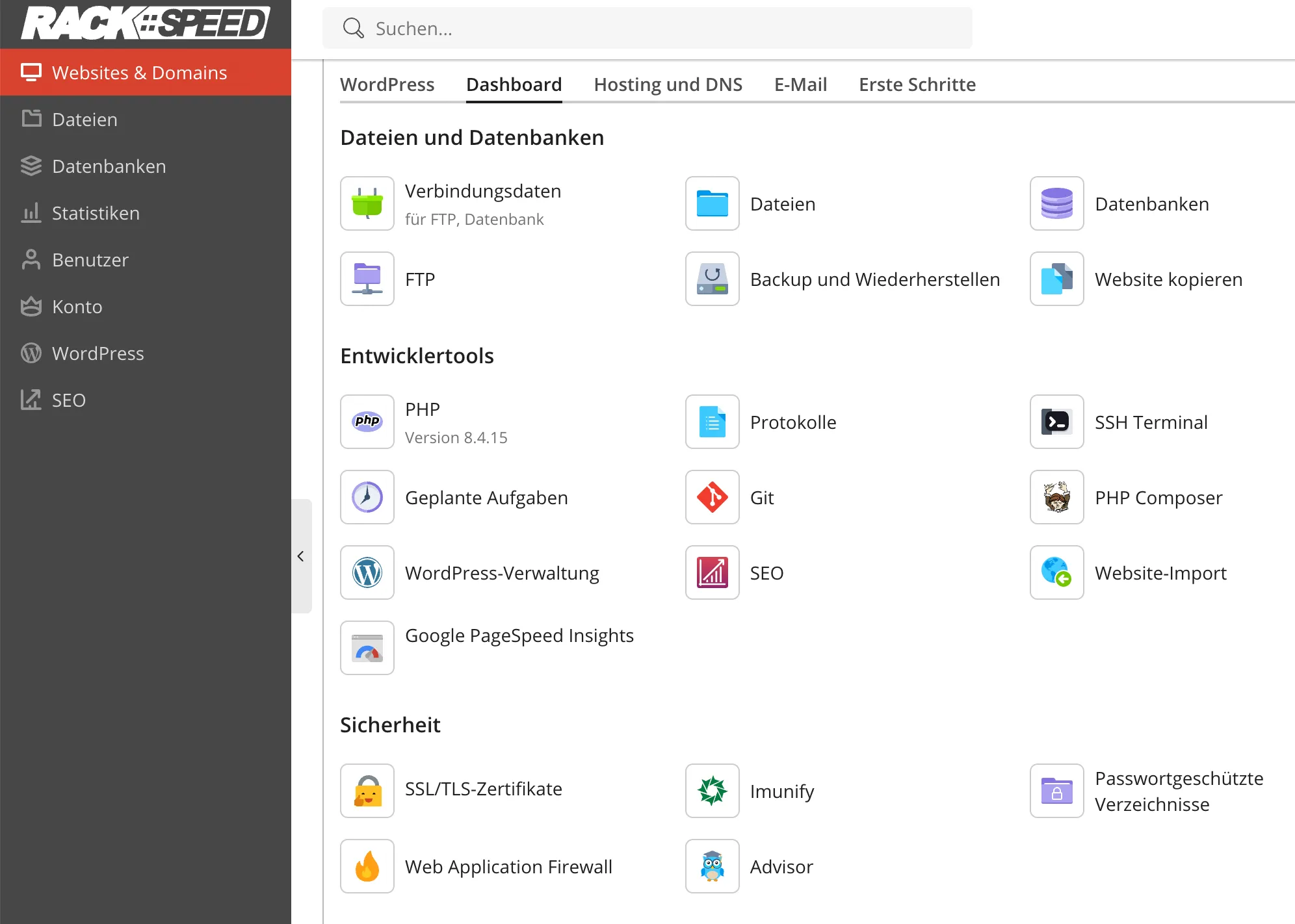 Plesk Obsidian — Dashboard-Ansicht mit Domains, Ressourcen und Services