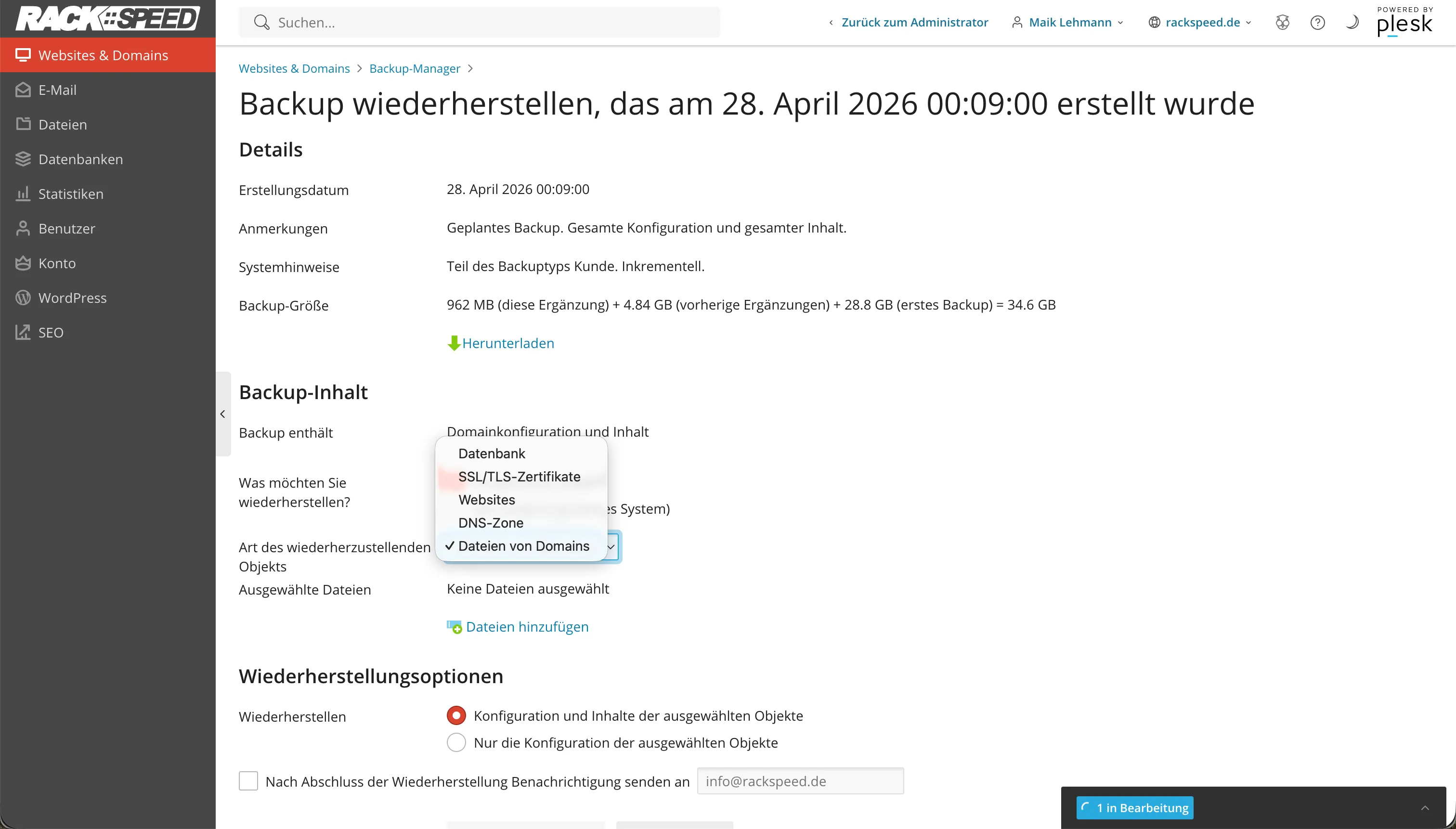 WordPress Toolkit — Backup- und Restore-Verwaltung pro WordPress-Installation