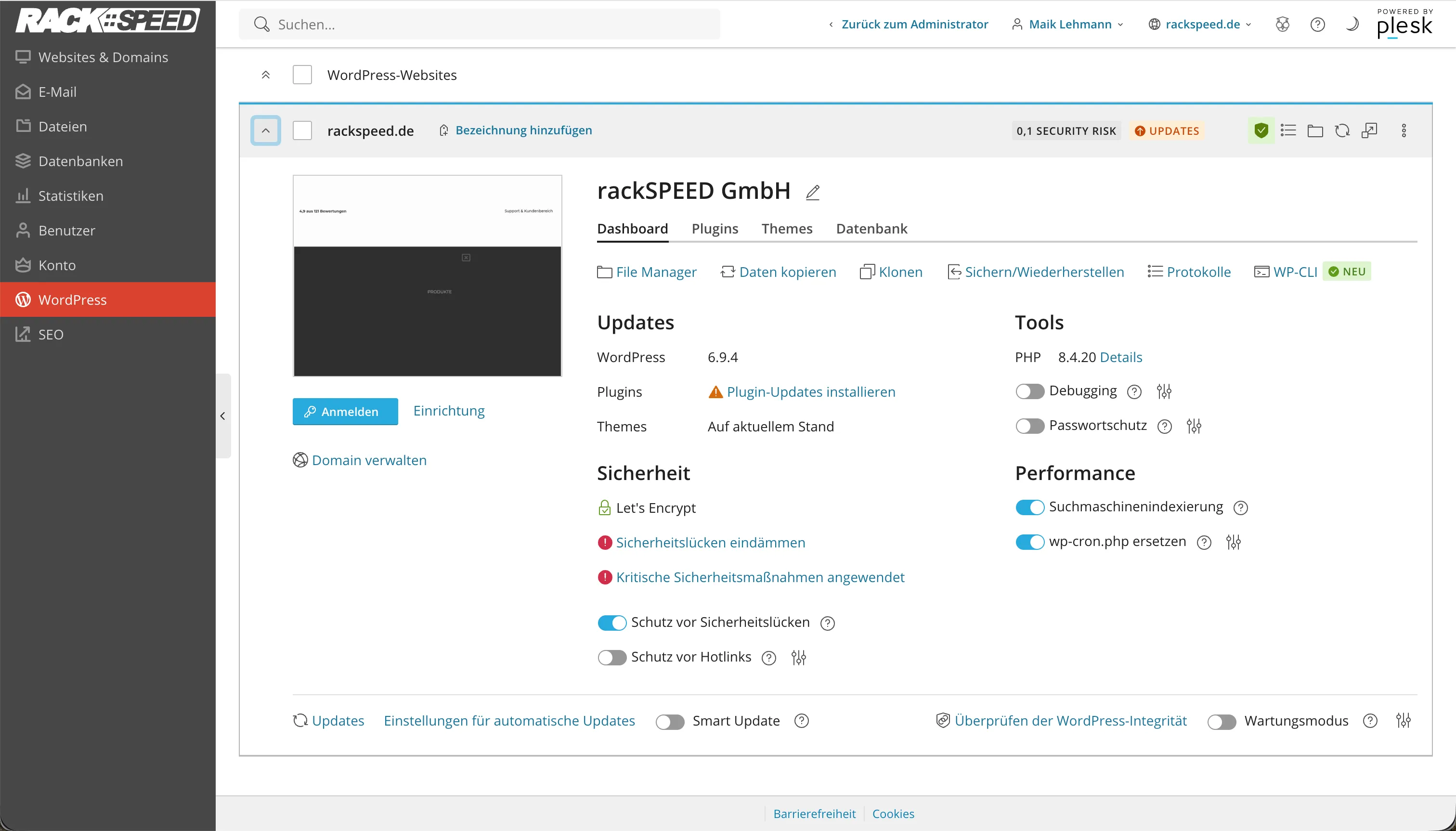 WordPress Toolkit — Übersicht aller WP-Installationen mit Versions- und Security-Status