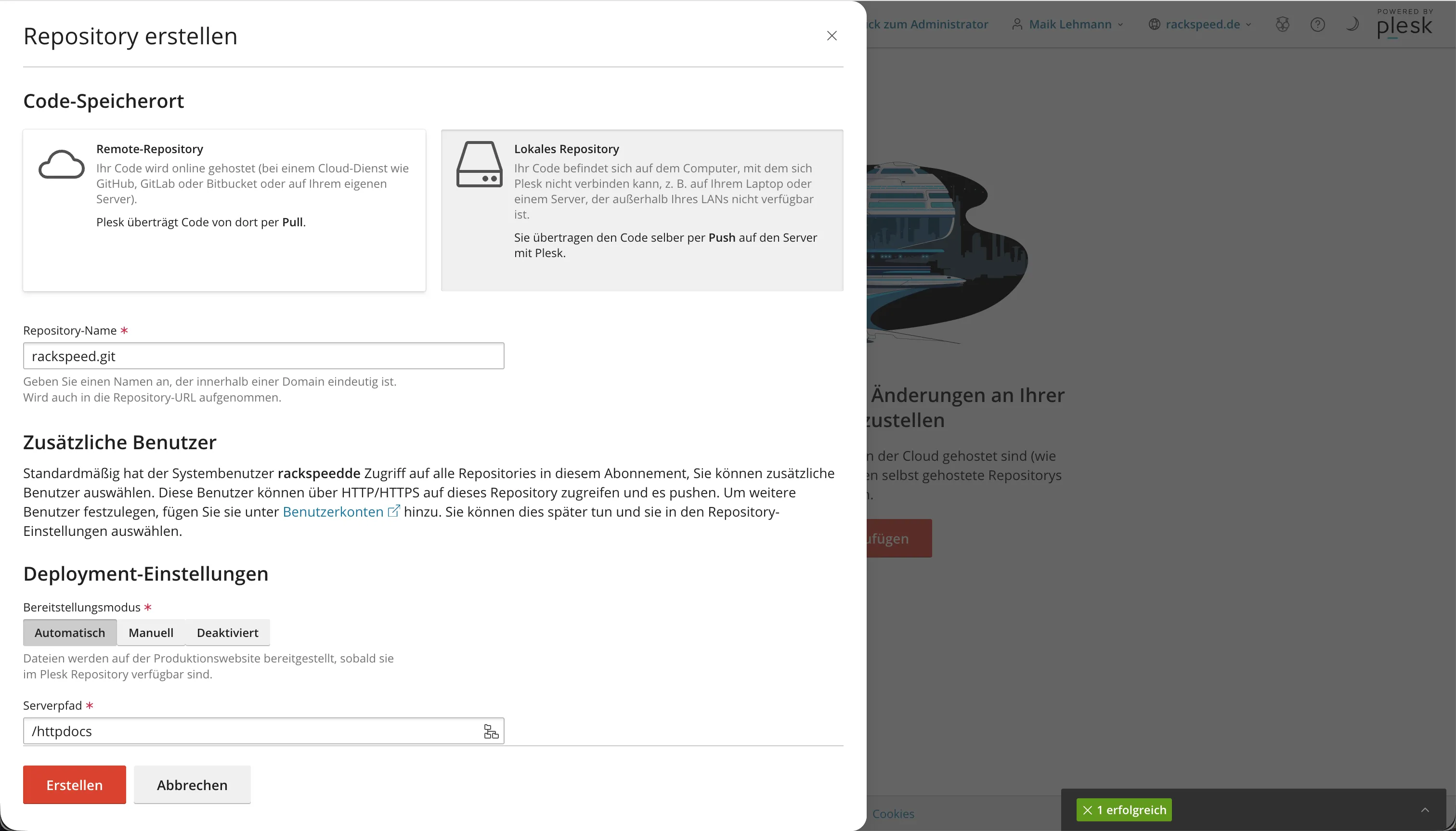 WordPress Toolkit — Git-Deployment direkt aus Plesk mit Branch- und Hook-Konfiguration