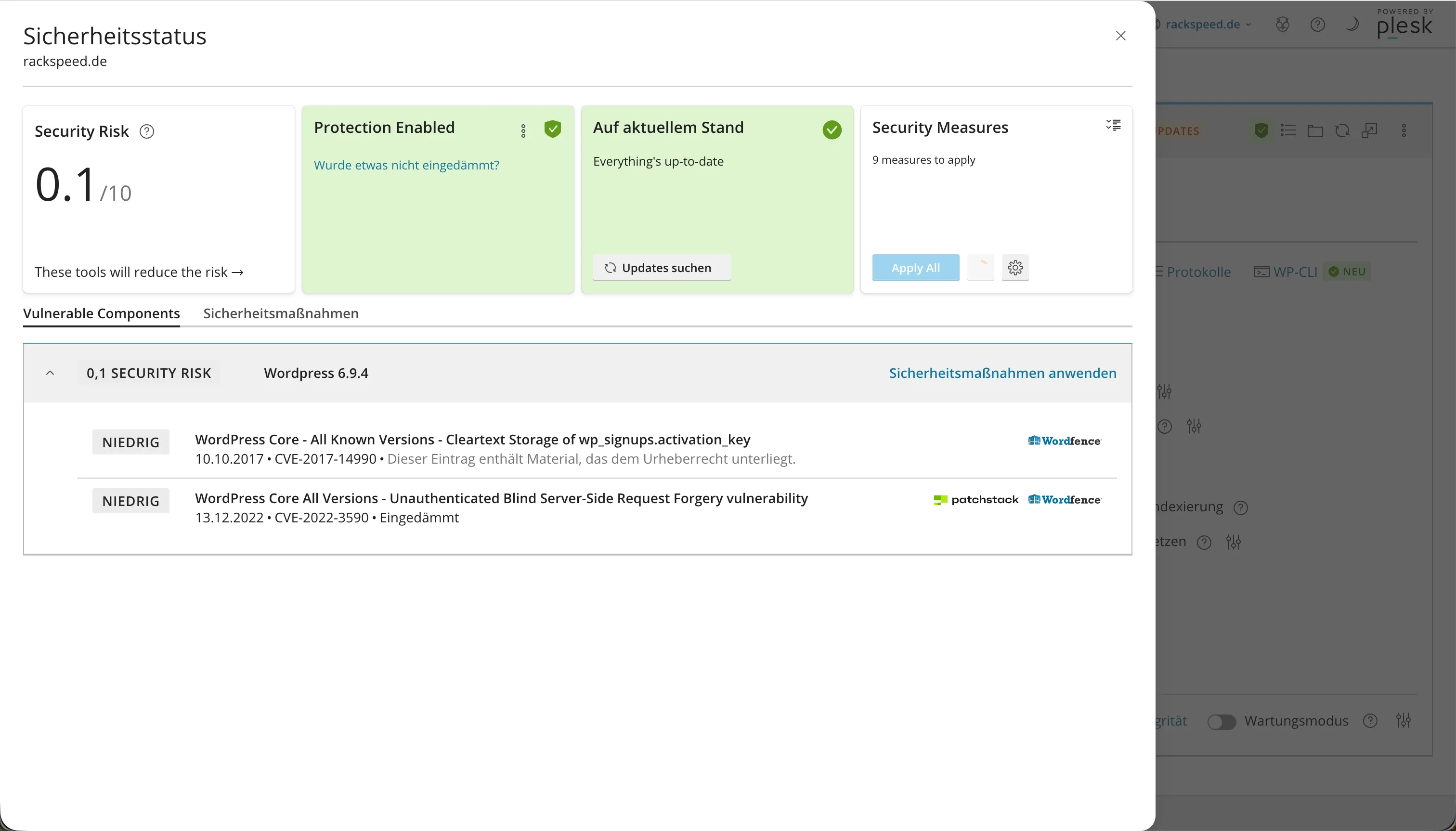 WordPress Toolkit — Security-Scan mit Härtungs-Checks und 1-Klick-Fix